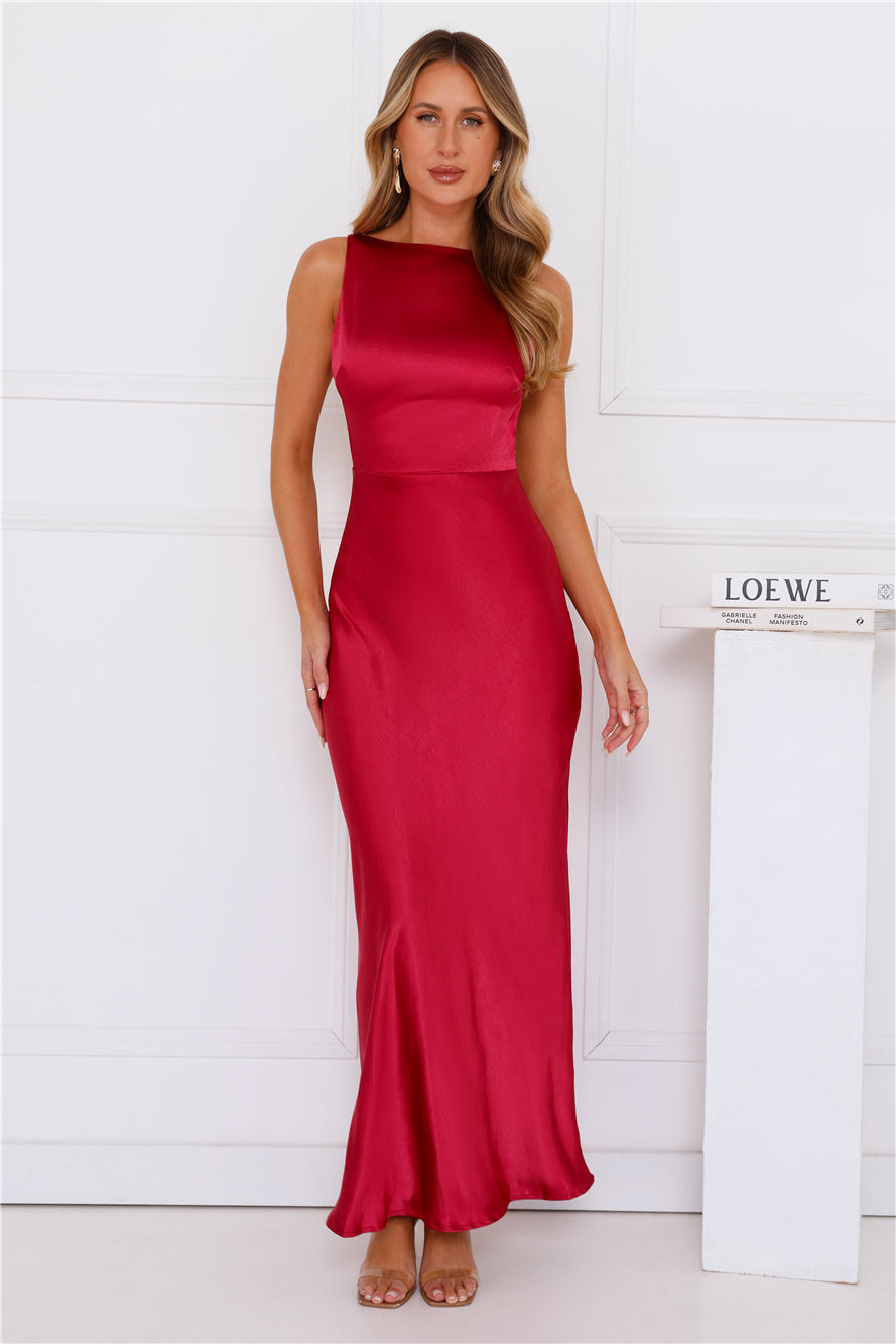 Unveiled Sophistication Satin Maxi Dress Ruby