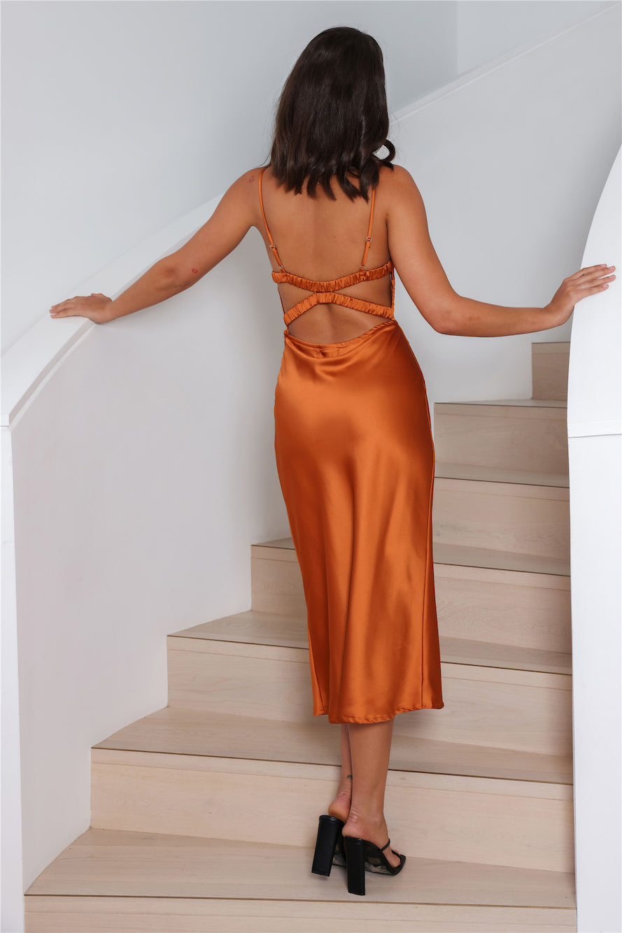 Wishful Thinking Satin Midi Dress Bronze