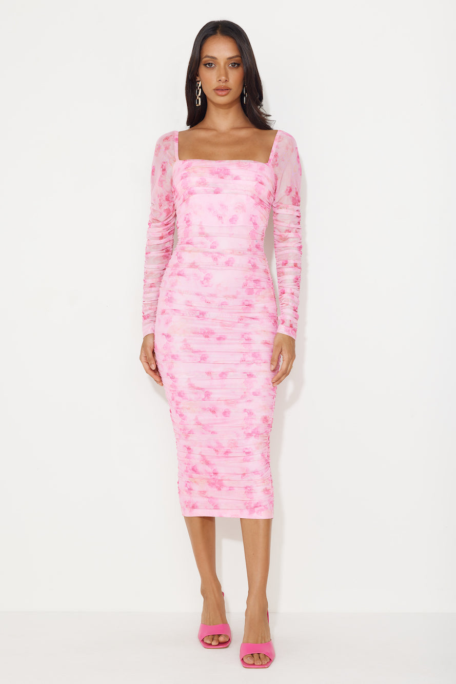 Hey There Gorg Long Sleeve Mesh Midi Dress Pink