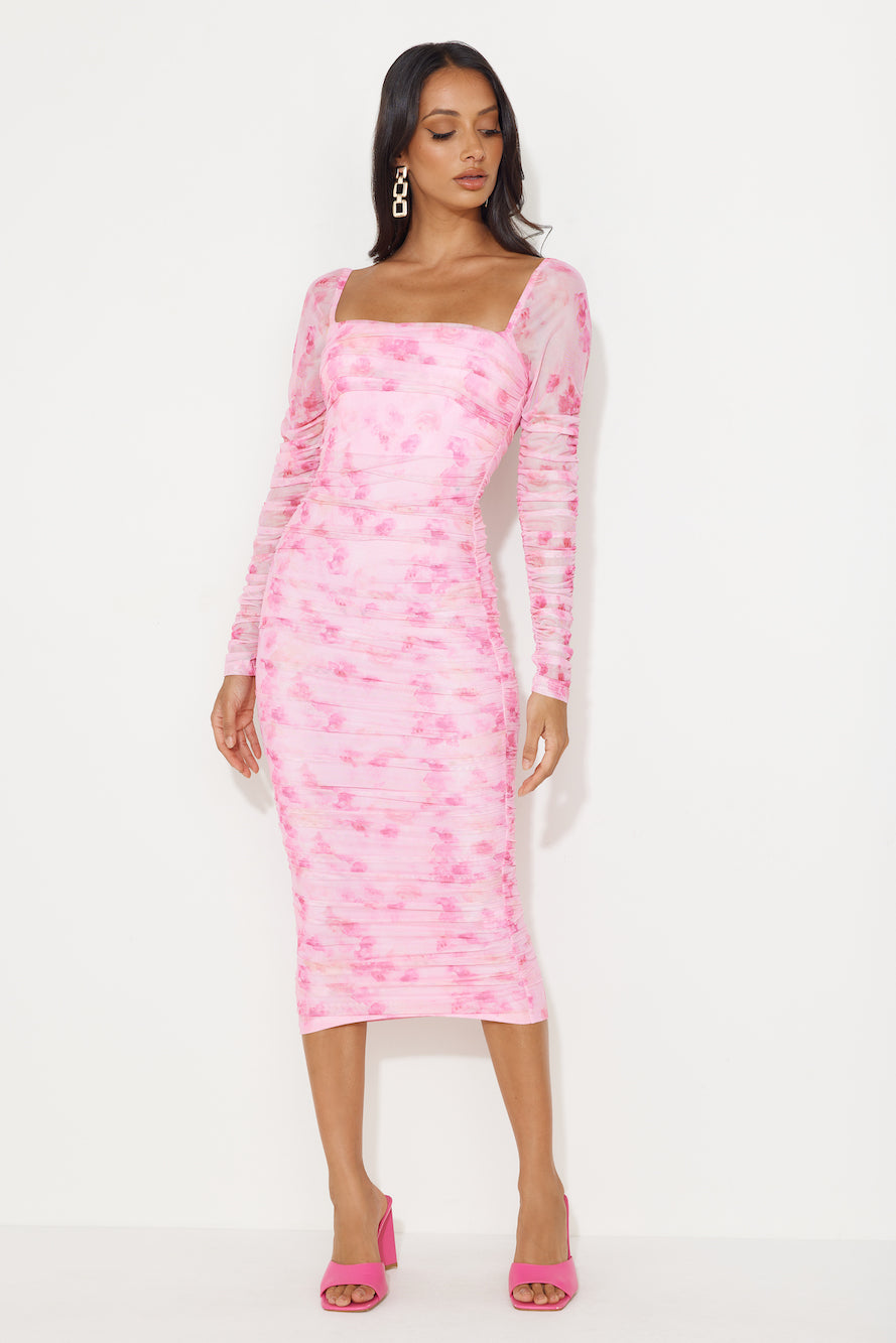 Hey There Gorg Long Sleeve Mesh Midi Dress Pink