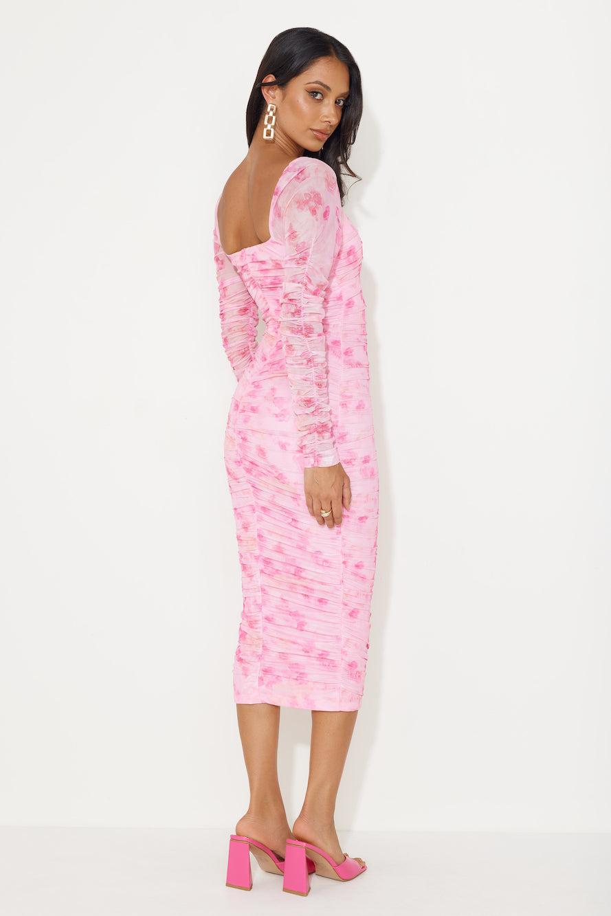 Hey There Gorg Long Sleeve Mesh Midi Dress Pink