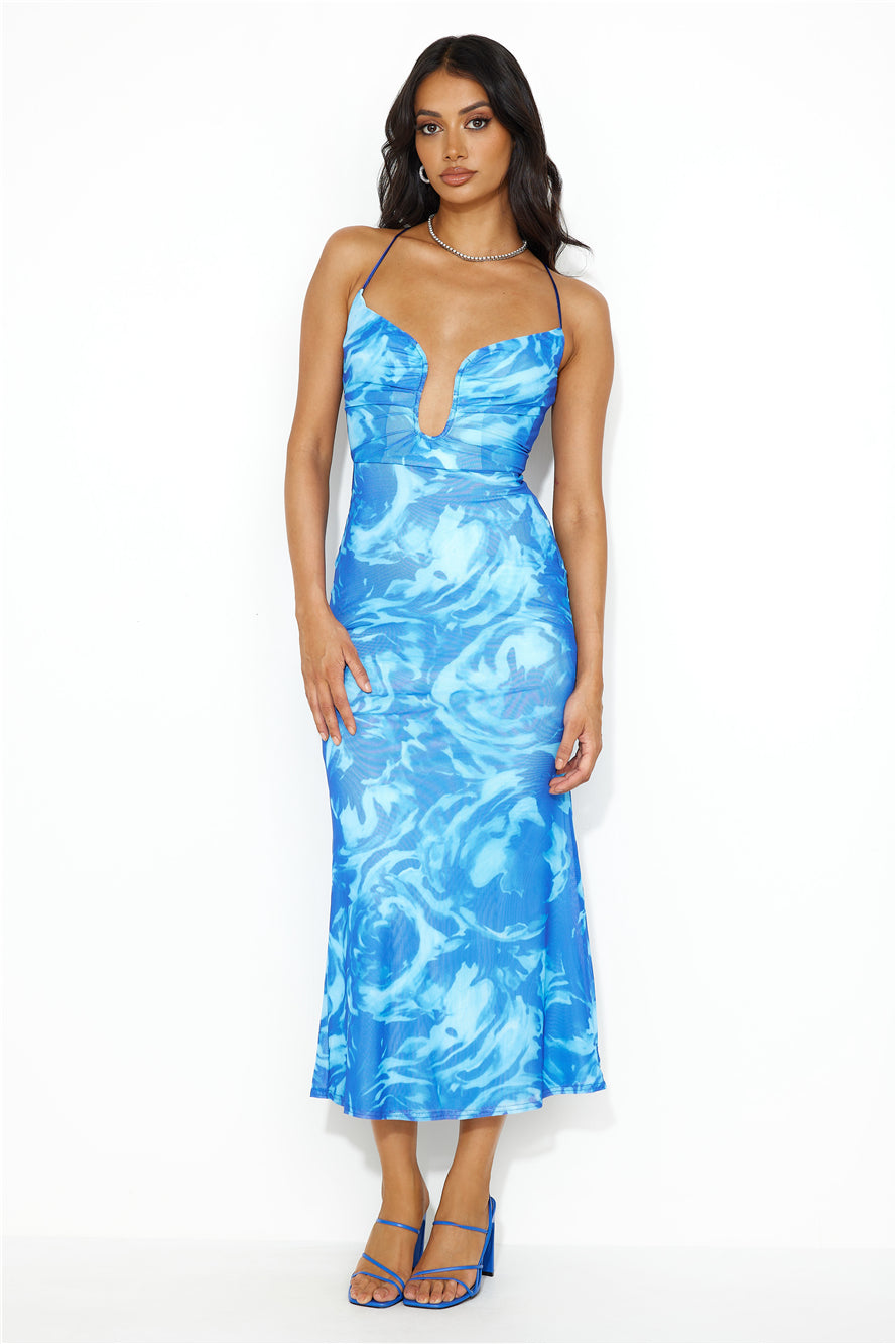 Wine And Dine Me Mesh Midi Dress Blue