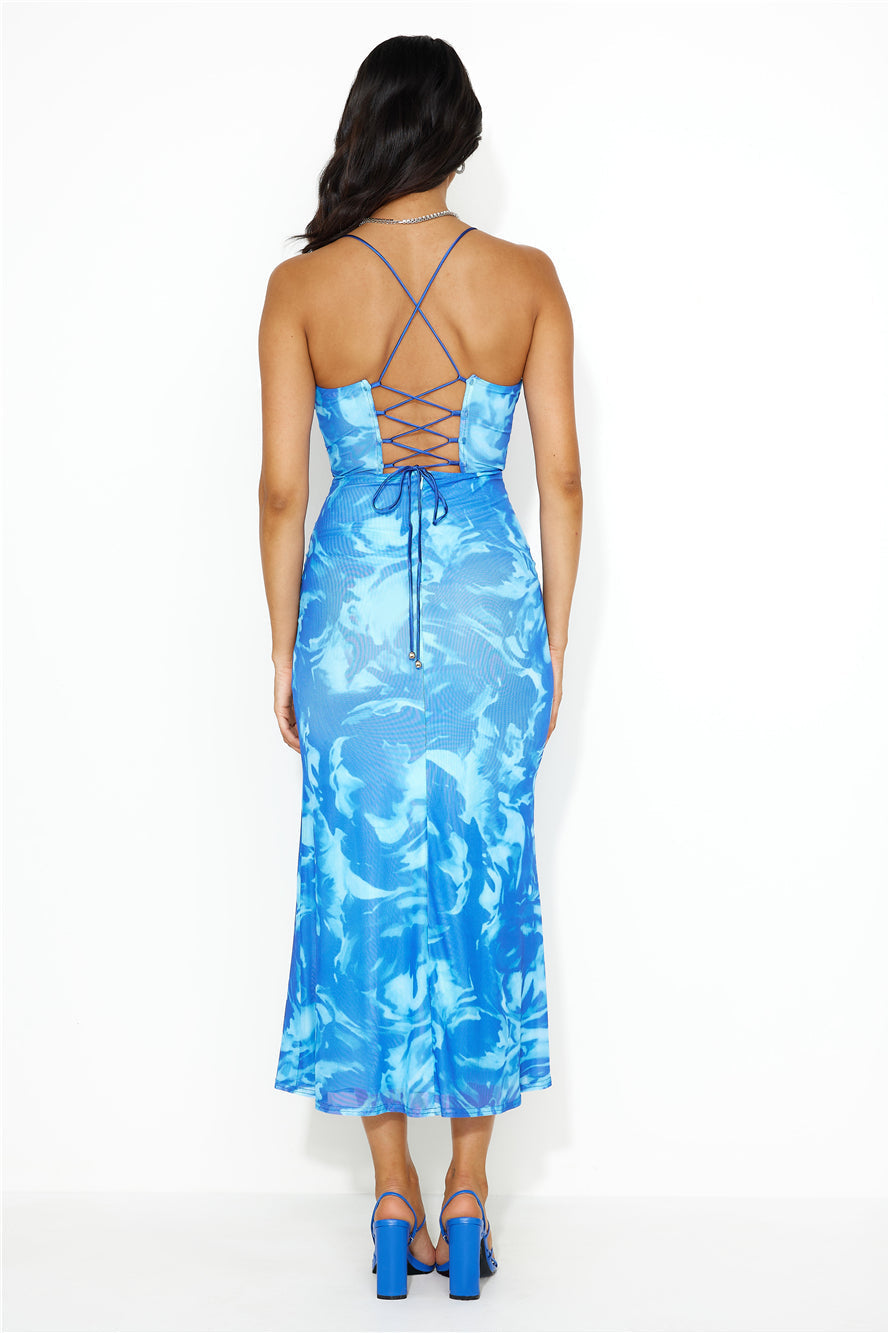 Wine And Dine Me Mesh Midi Dress Blue