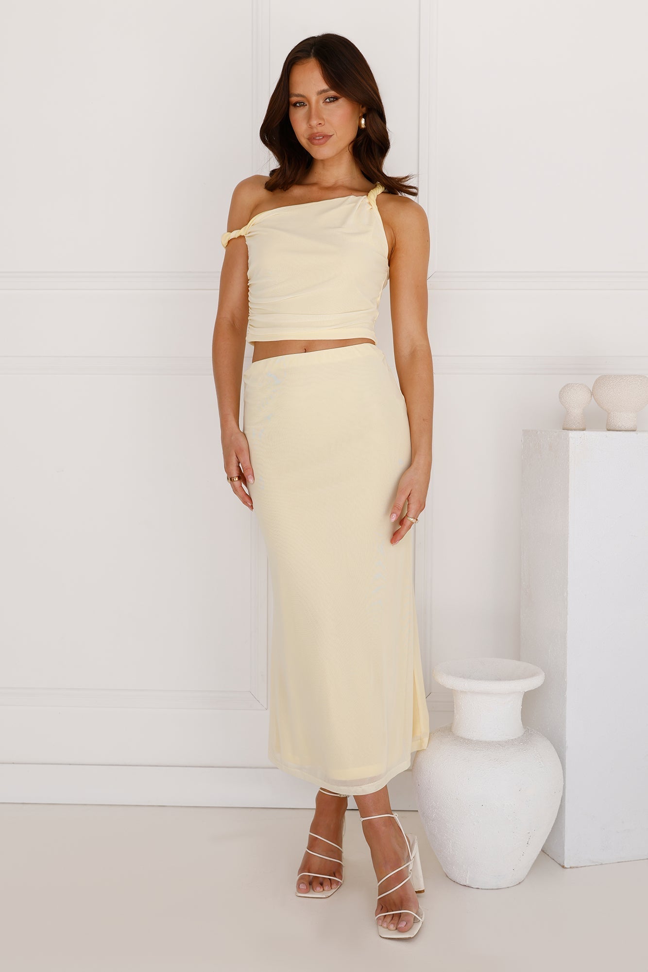 Downtown Dreamscape Mesh Midi Skirt Yellow