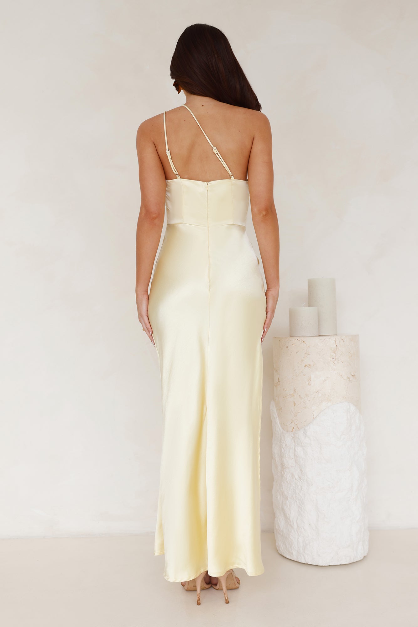 Luxe Charm One Shoulder Satin Maxi Dress Yellow