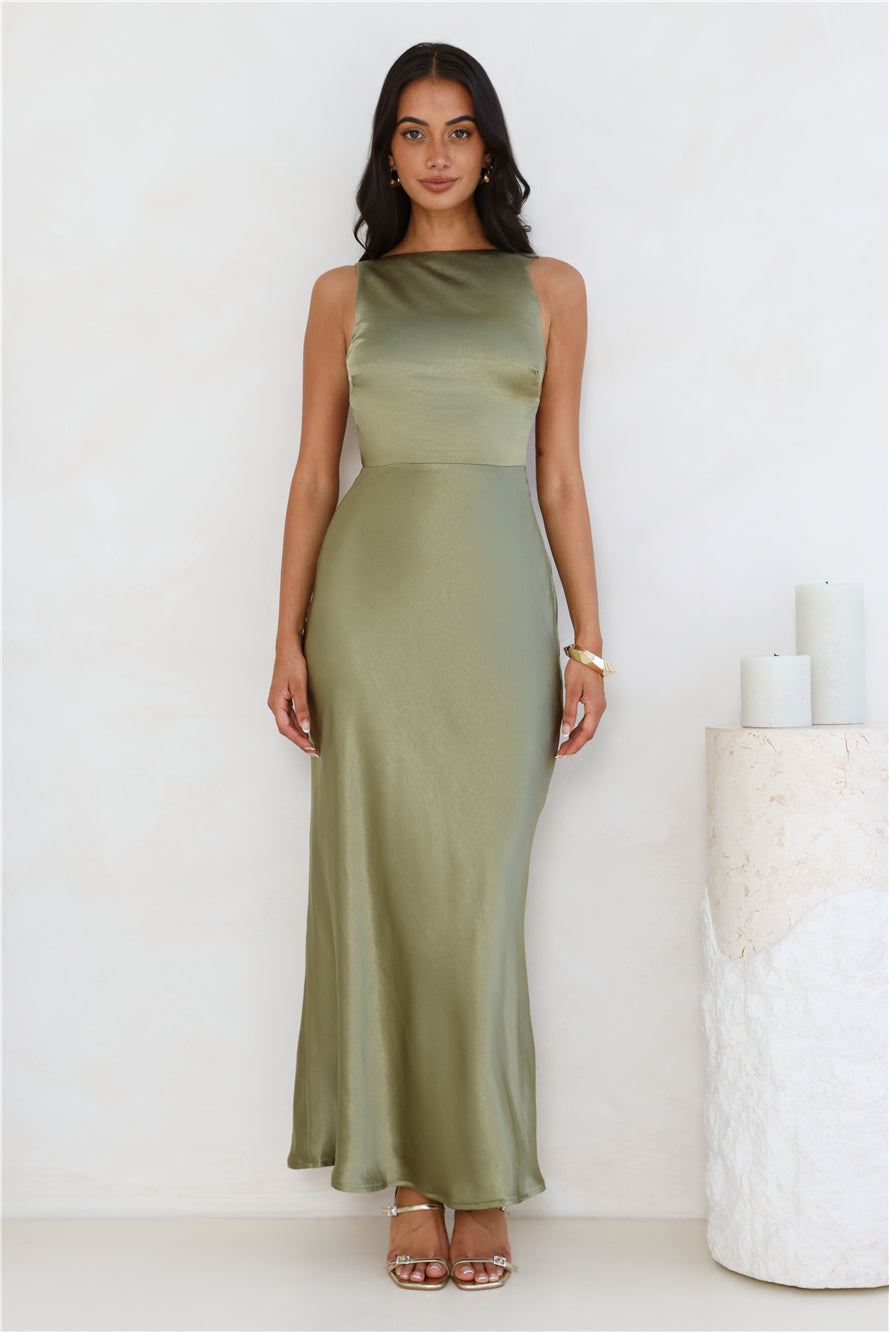 Unveiled Sophistication Satin Maxi Dress Olive