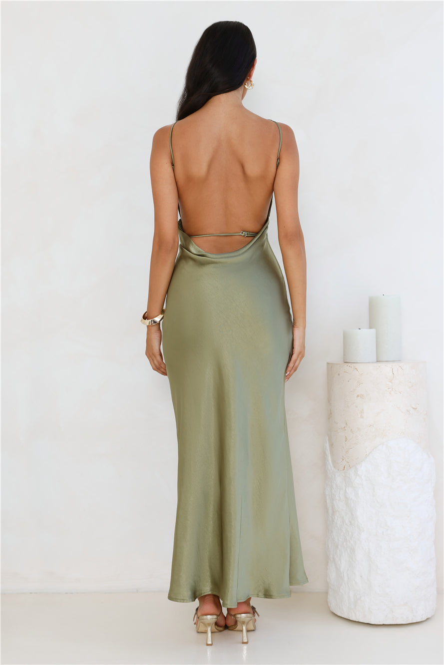 Unveiled Sophistication Satin Maxi Dress Olive