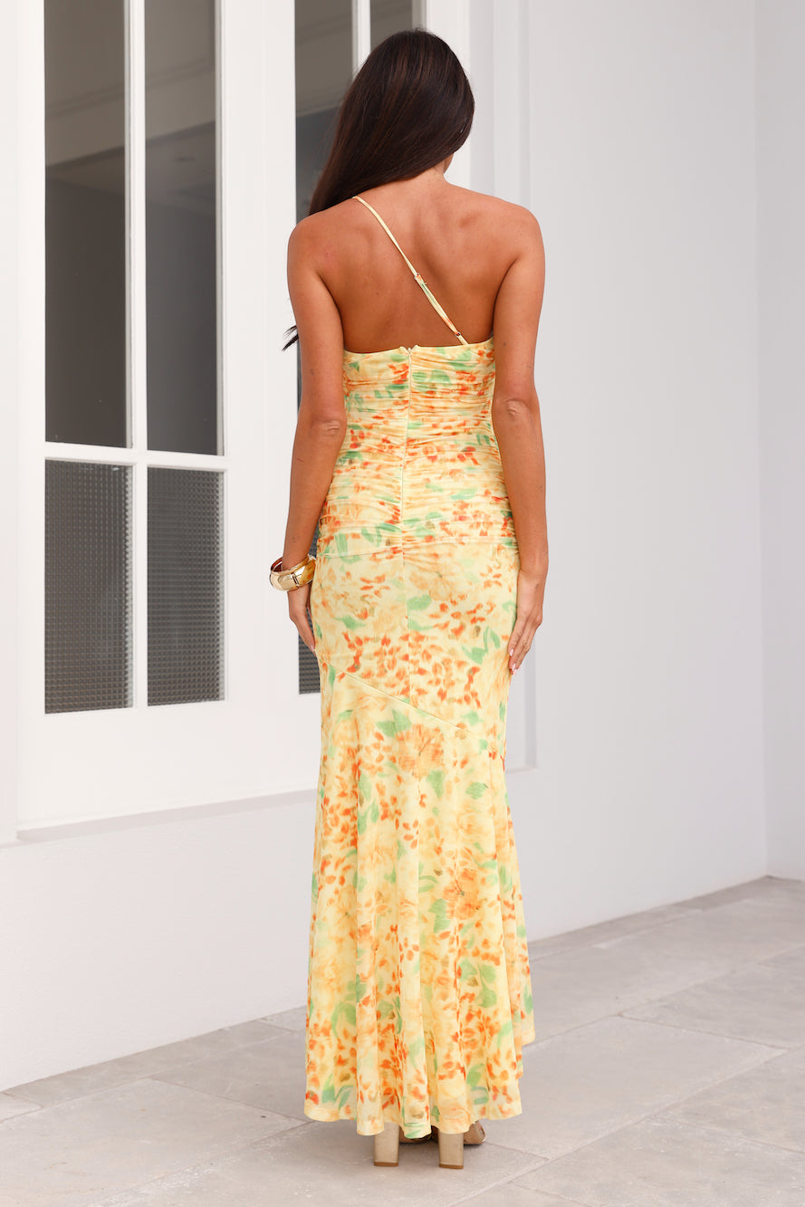 Posh Perfection One Shoulder Mesh Maxi Dress Yellow