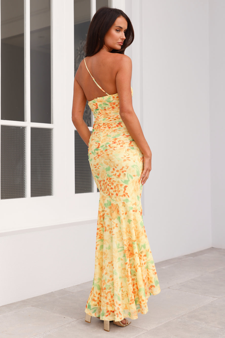 Posh Perfection One Shoulder Mesh Maxi Dress Yellow
