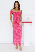 Girly Luxe Off Shoulder Mesh Maxi Dress Hot Pink