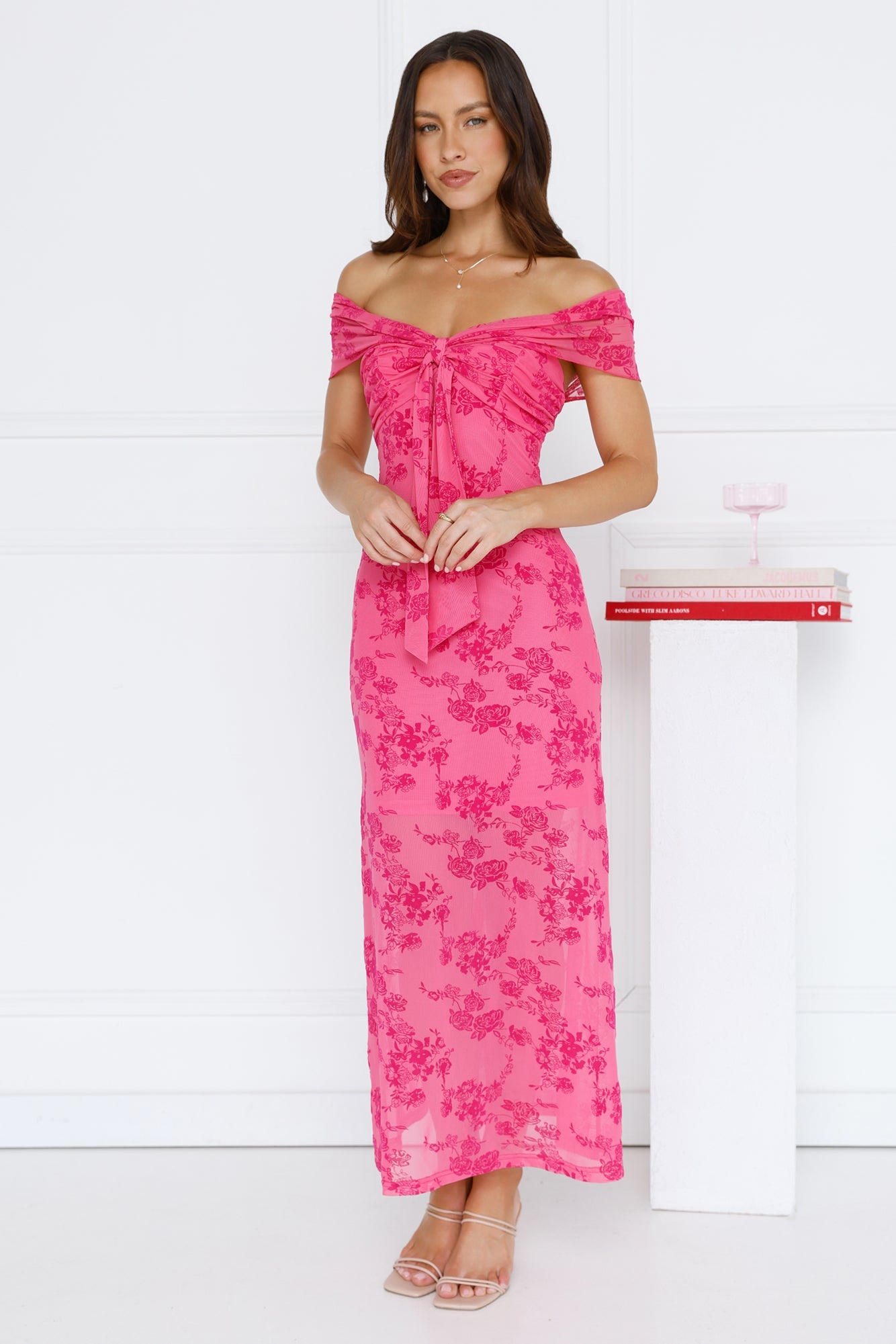 Girly Luxe Off Shoulder Mesh Maxi Dress Hot Pink