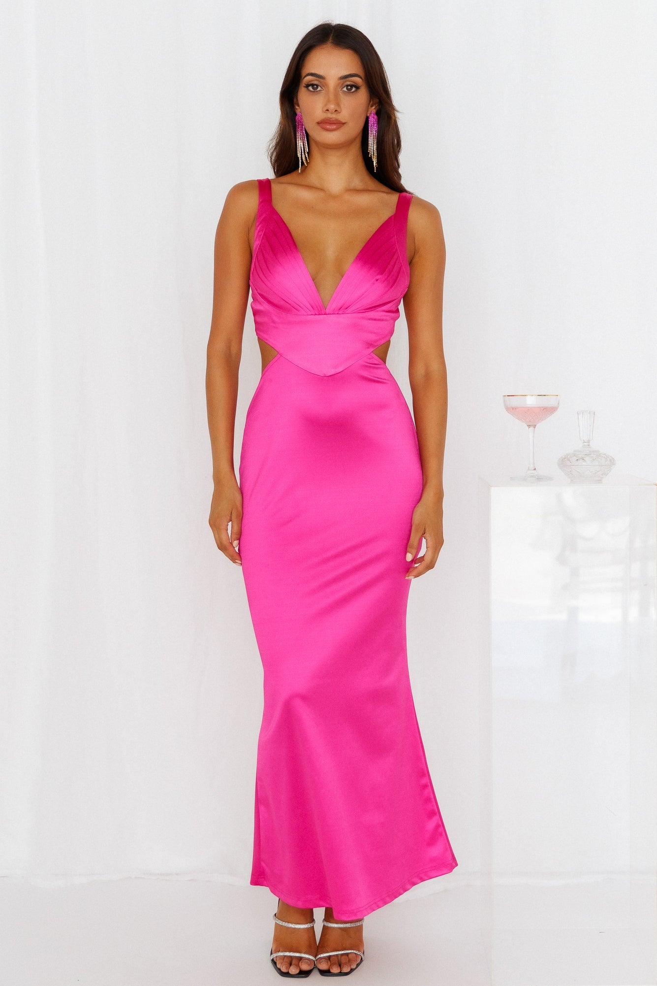 Sunset Views Satin Midi Dress Hot Pink