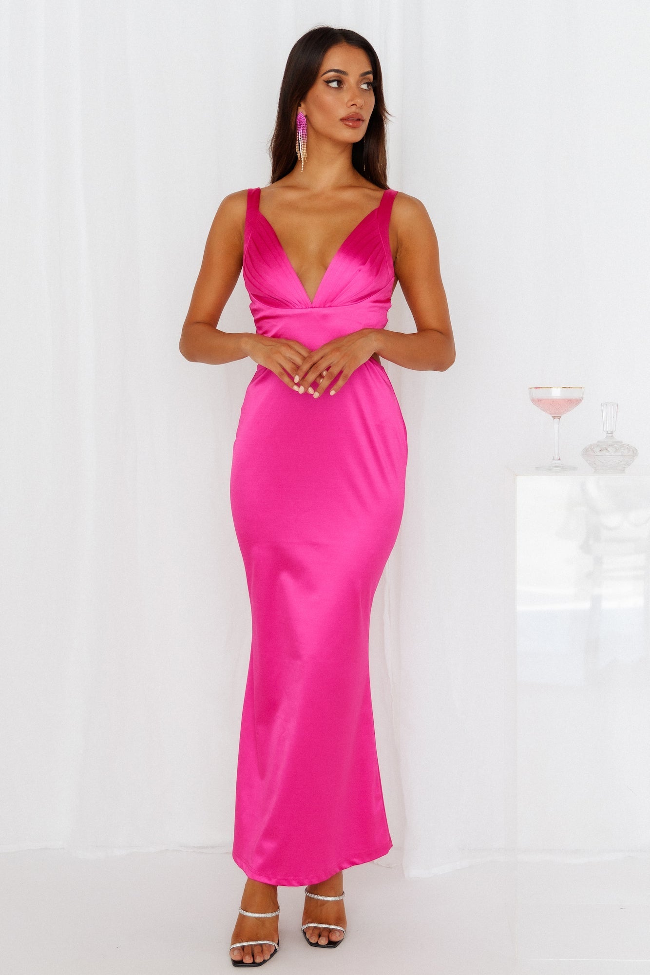Sunset Views Satin Midi Dress Hot Pink