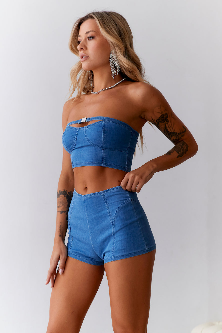 HELLO MOLLY Cheeky Heart Mid Rise Denim Shorts Blue