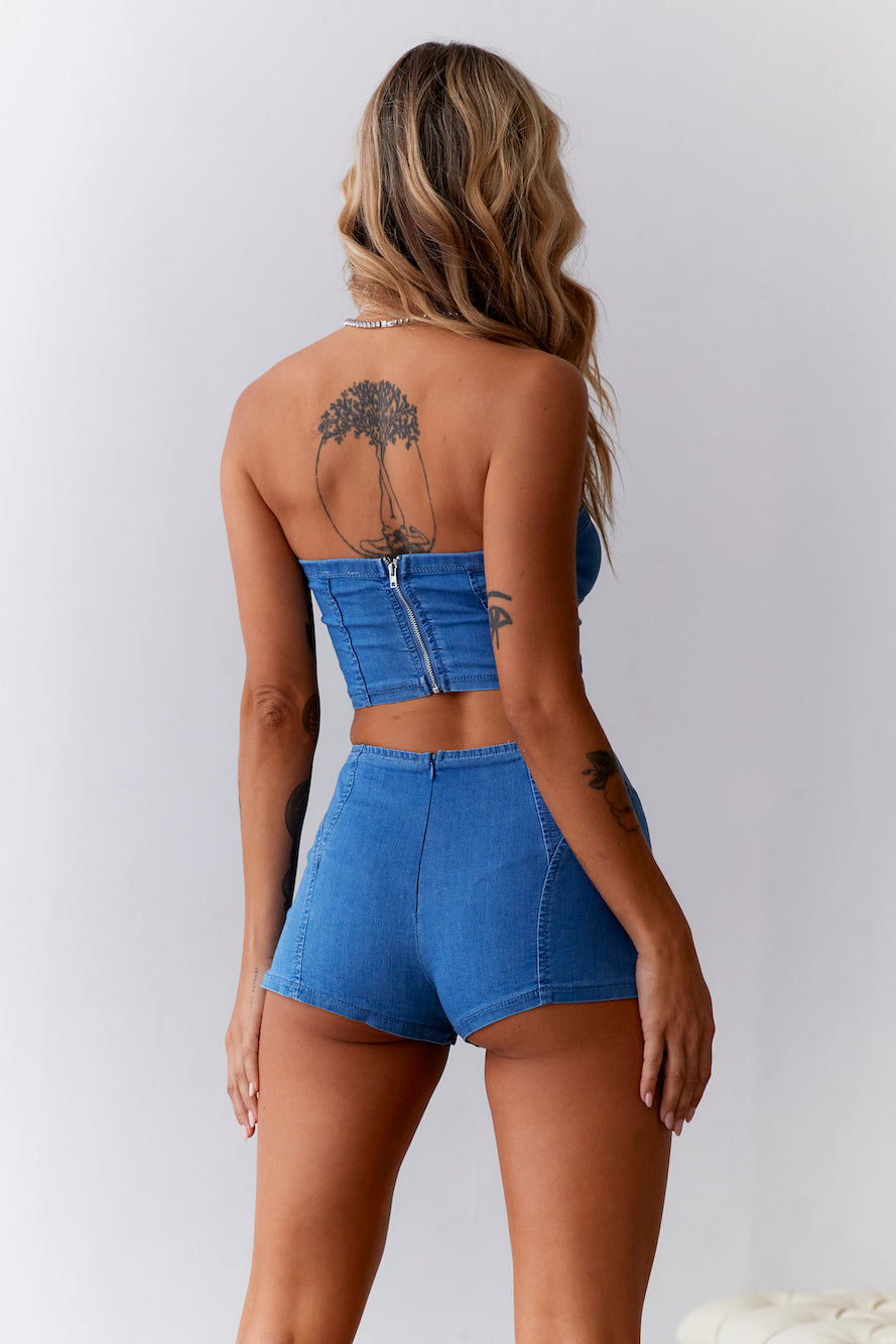 HELLO MOLLY Cheeky Heart Mid Rise Denim Shorts Blue
