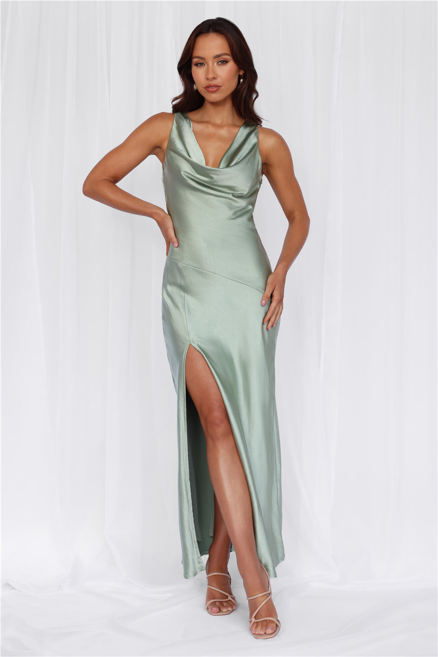 HELLO MOLLY The Loretta Cowl Satin Maxi Dress Sage