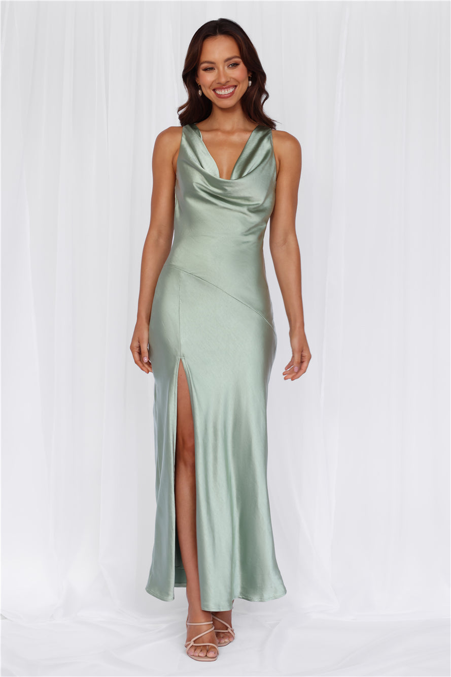 HELLO MOLLY The Loretta Cowl Satin Maxi Dress Sage
