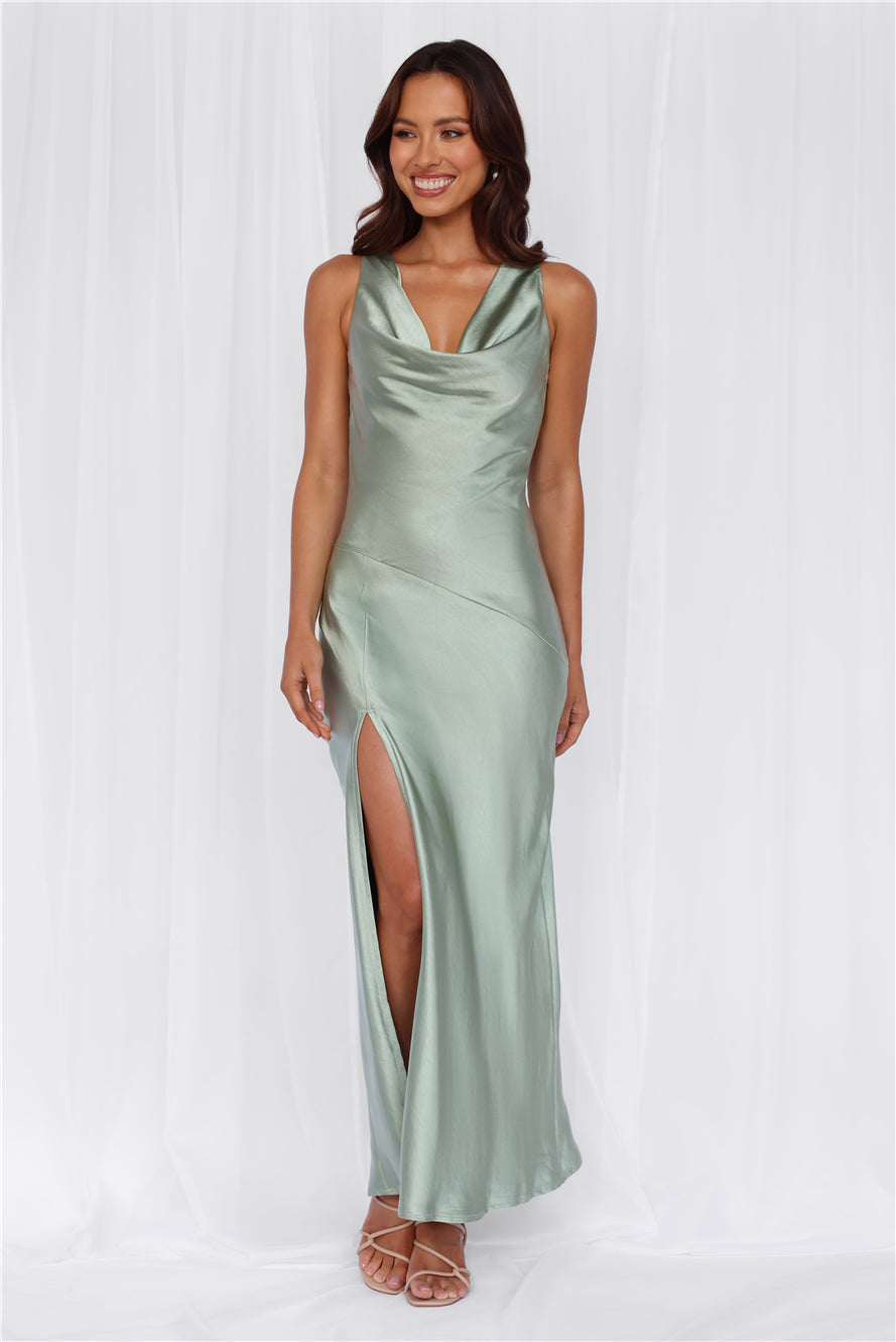 HELLO MOLLY The Loretta Cowl Satin Maxi Dress Sage