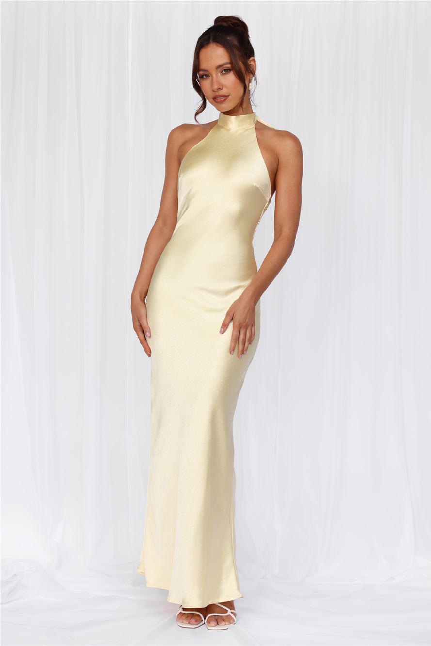 HELLO MOLLY The Cleo Halter Satin Maxi Dress Yellow