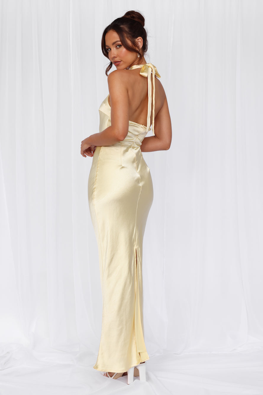 HELLO MOLLY The Cleo Halter Satin Maxi Dress Yellow