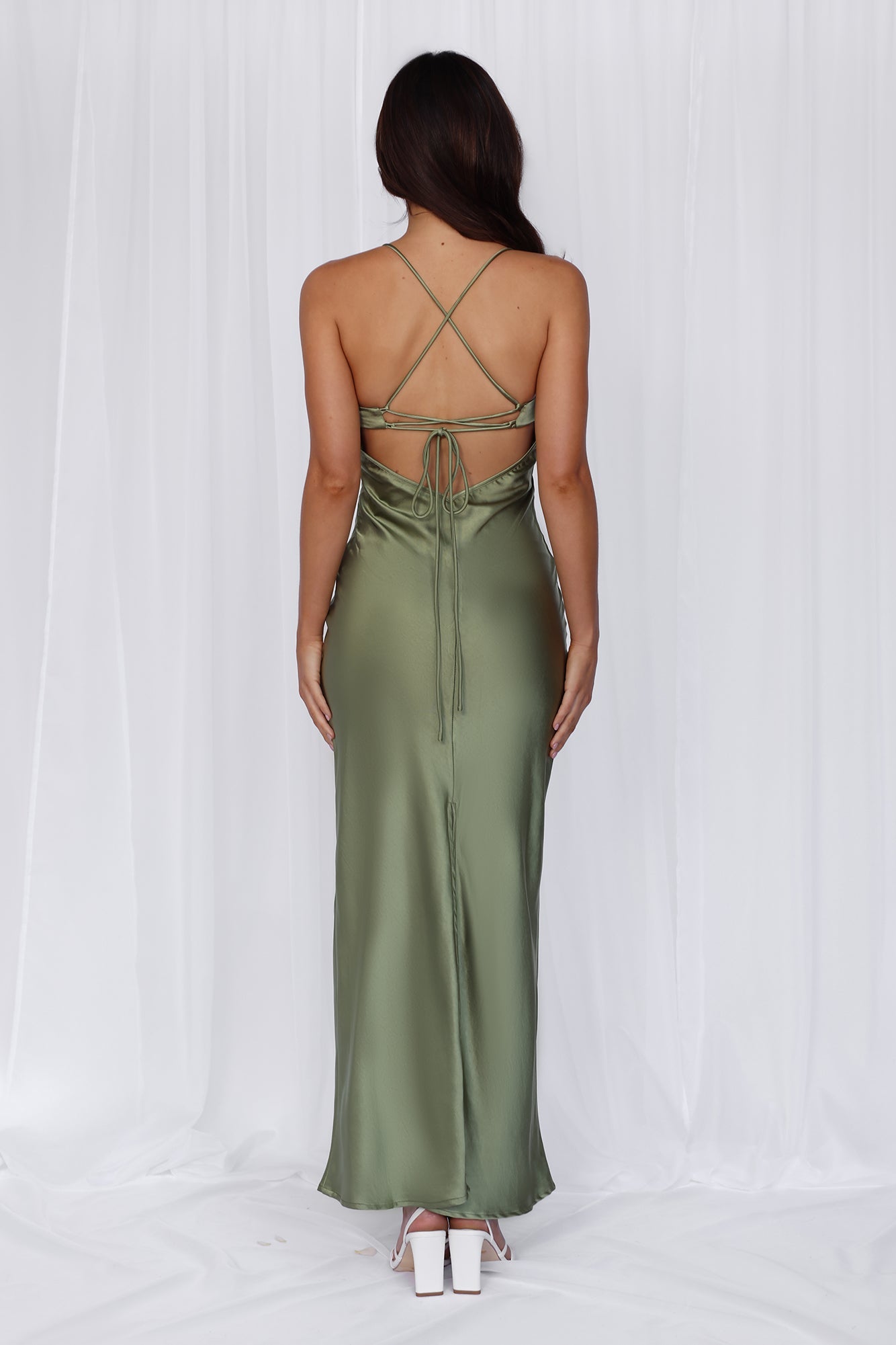 HELLO MOLLY The Samara Satin Maxi Dress Olive