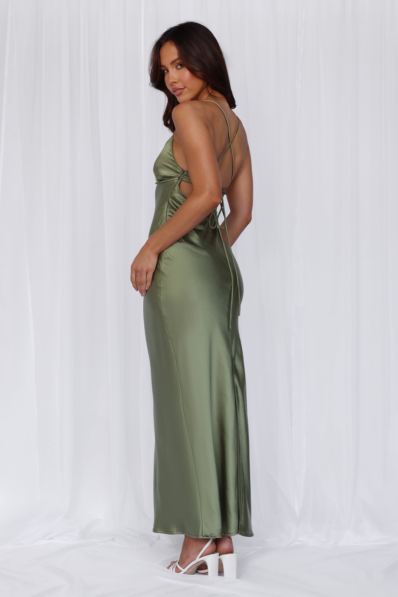 HELLO MOLLY The Samara Satin Maxi Dress Olive