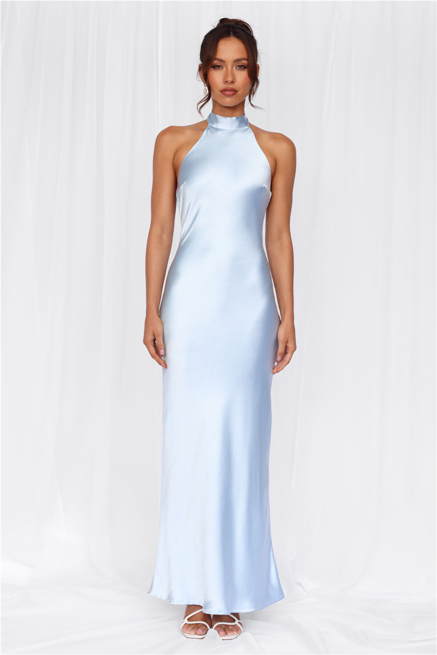 The Cleo Halter Satin Maxi Dress Blue