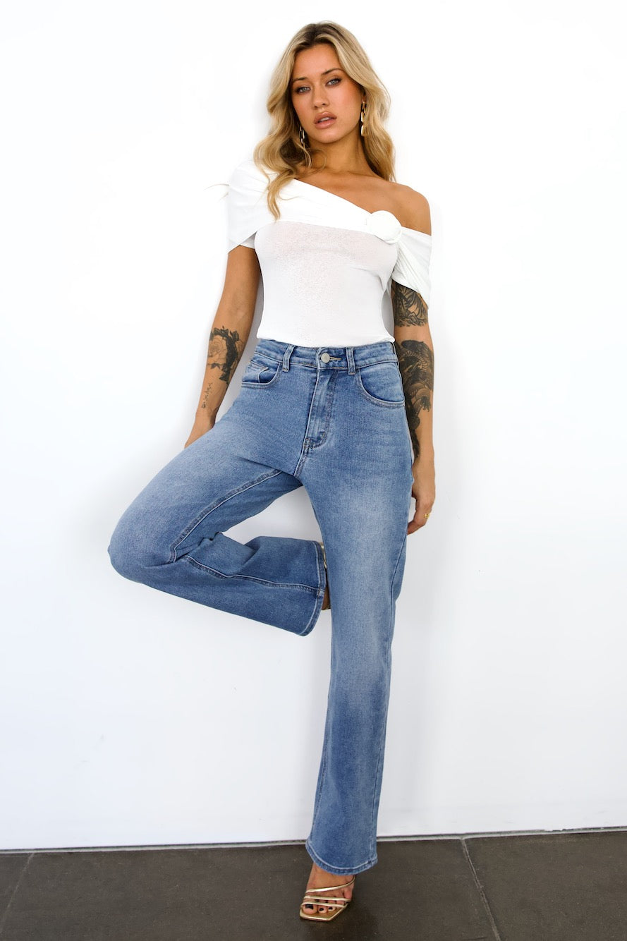 DNM High Rise Straight Leg Denim Jeans Mid Blue