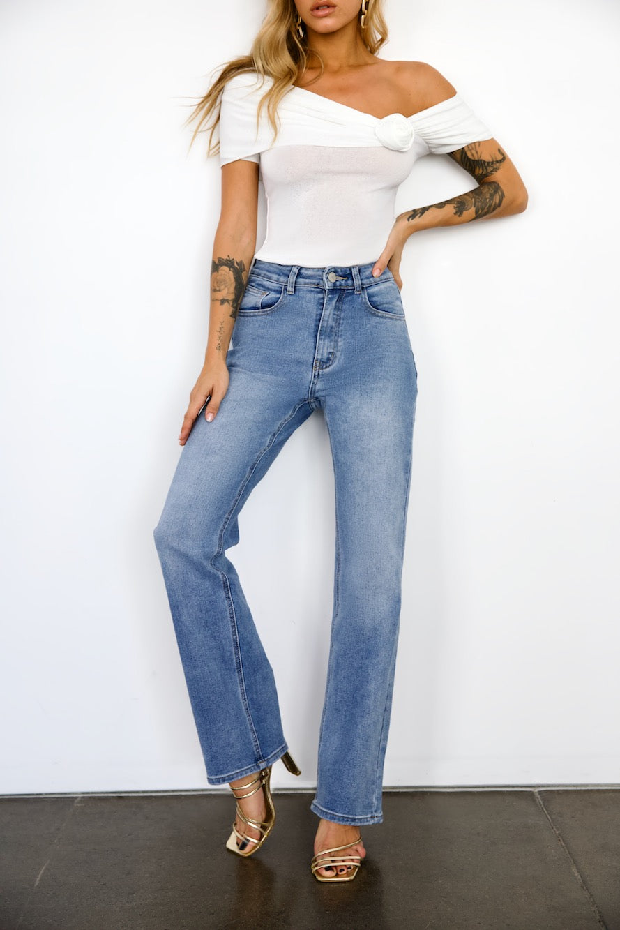 DNM High Rise Straight Leg Denim Jeans Mid Blue
