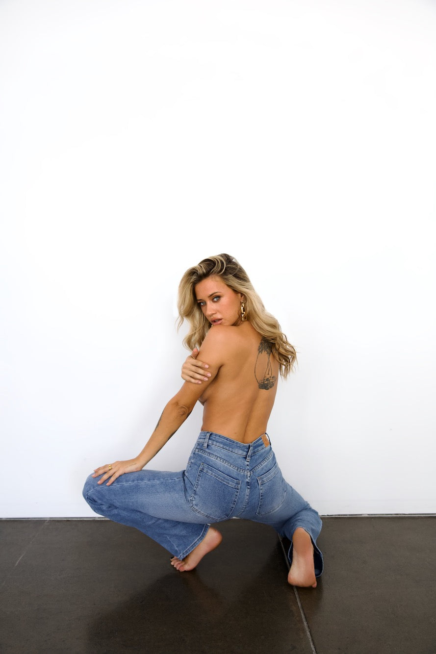 DNM High Rise Straight Leg Denim Jeans Mid Blue