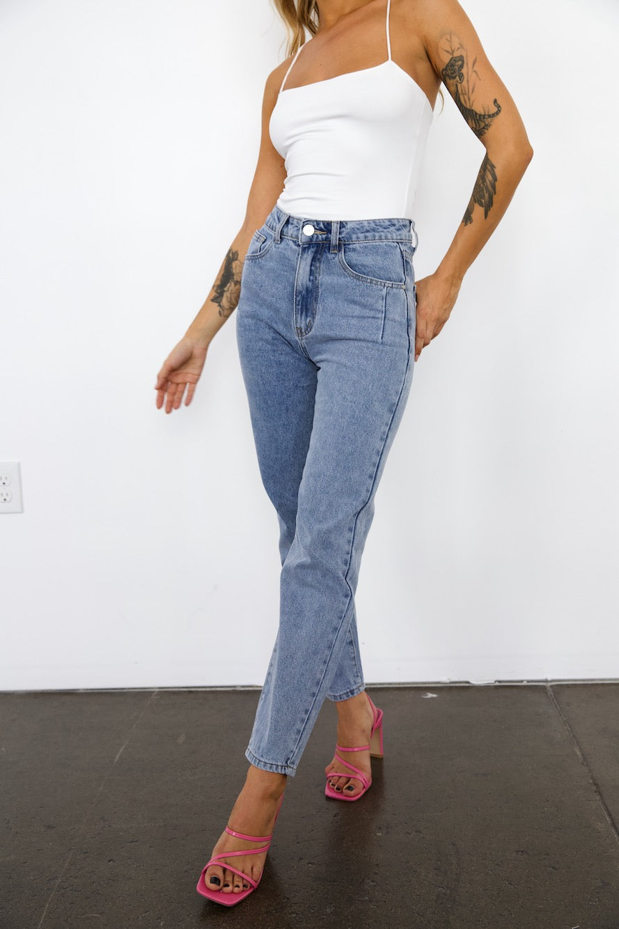 DNM High Rise Straight Cropped Leg Denim Jeans Light Blue