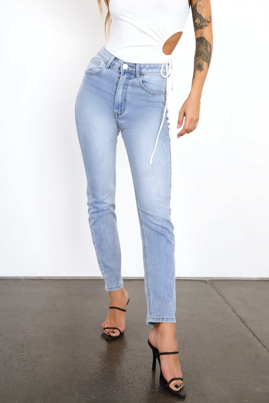 DNM High Rise Skinny Leg Denim Jeans Mid Blue