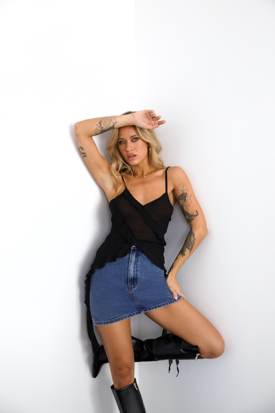 DNM High Rise Denim Mini Skirt Mid Blue