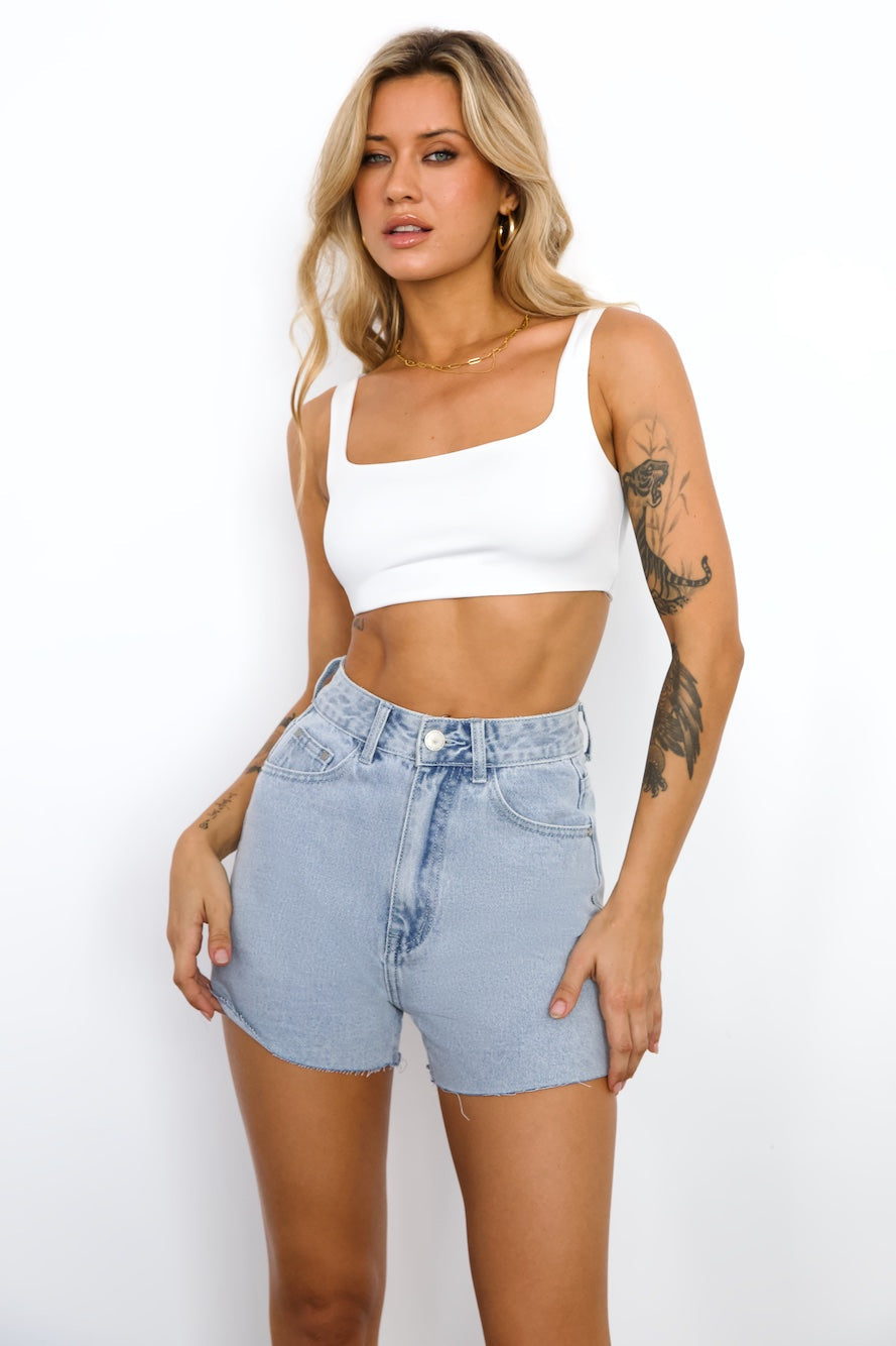 DNM High Rise Frayed Denim Shorts Light Blue