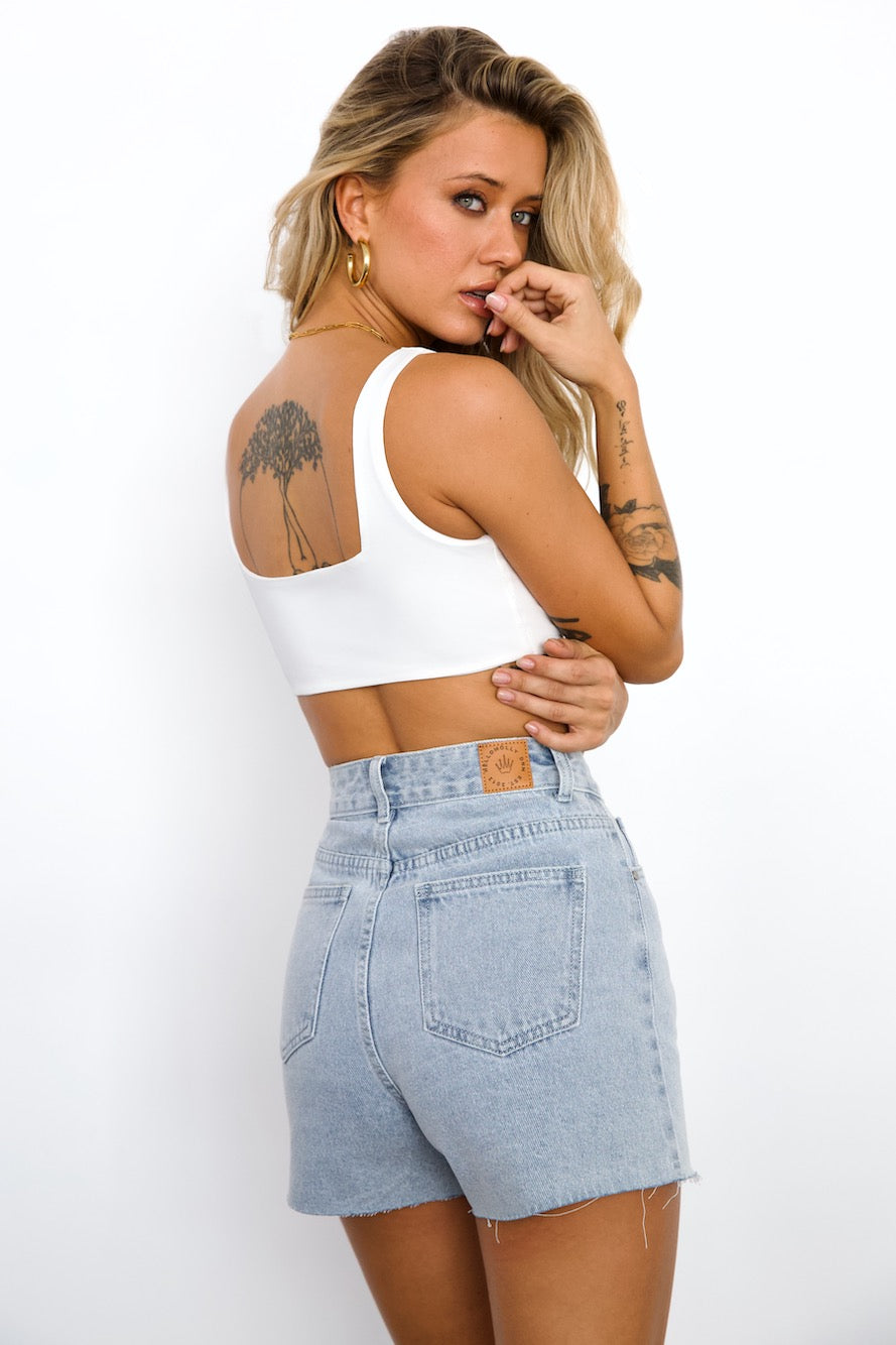 DNM High Rise Frayed Denim Shorts Light Blue