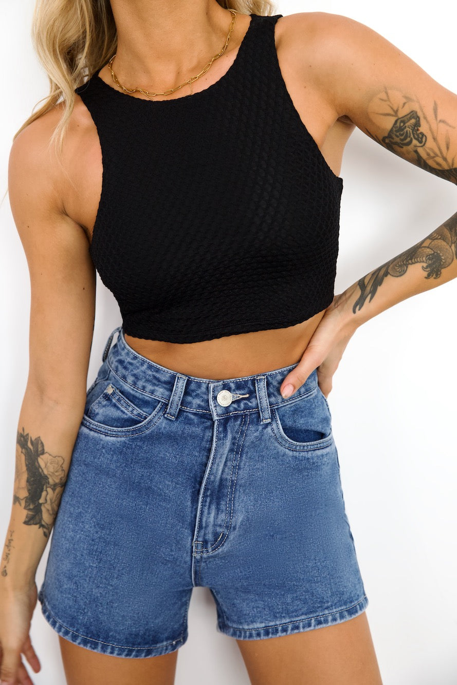 DNM High Rise Denim Shorts Mid Blue