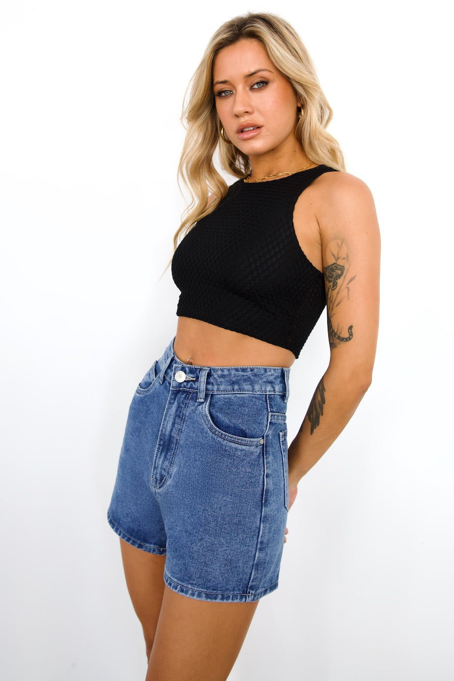 DNM High Rise Denim Shorts Mid Blue