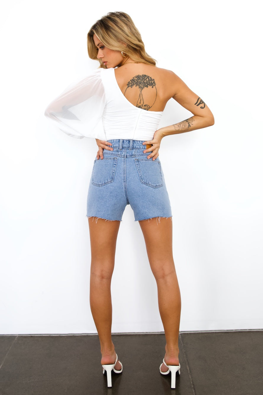DNM High Rise Frayed Denim Shorts Mid Blue