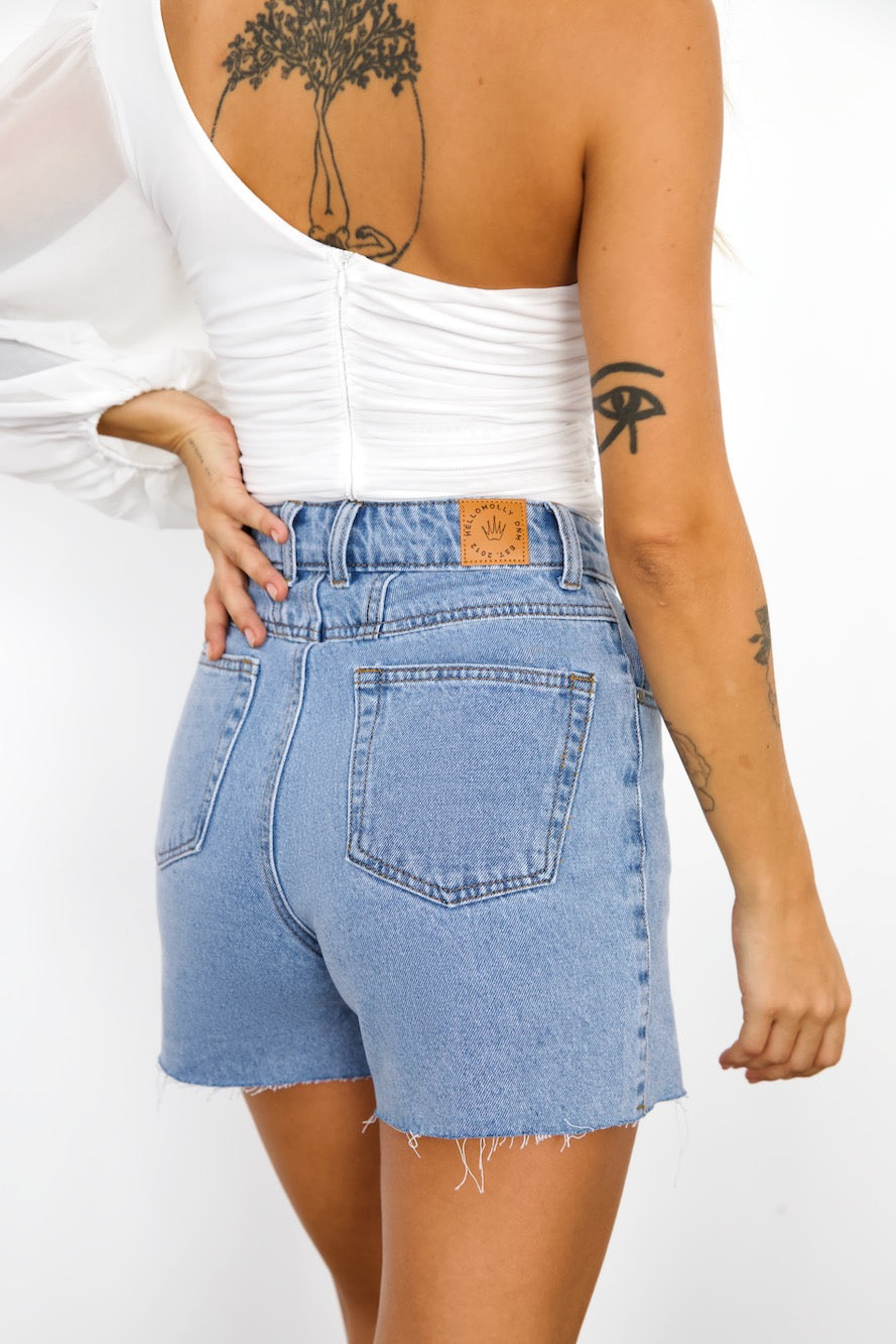 DNM High Rise Frayed Denim Shorts Mid Blue